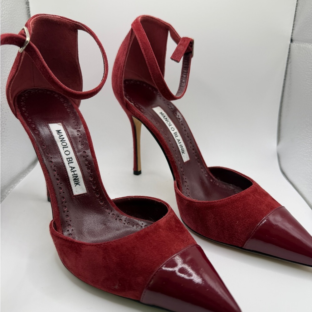 Manolo Blahnik Burgundy Suede and Patent Heels